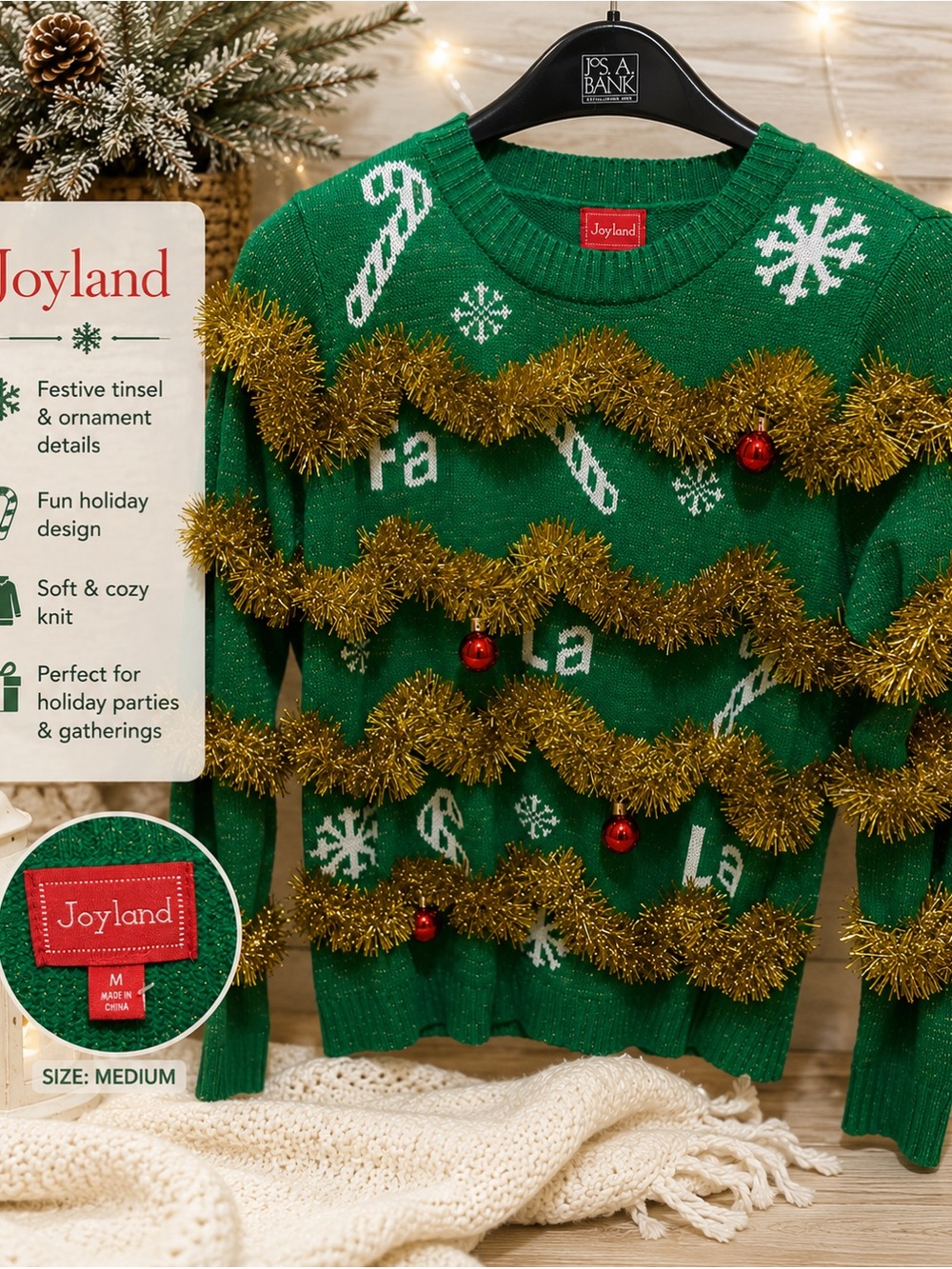 Joyland Women's Green Festive Tinsel Crewneck Sweater